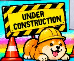 Under construction: a shiba in a hard hat between two traffic cones